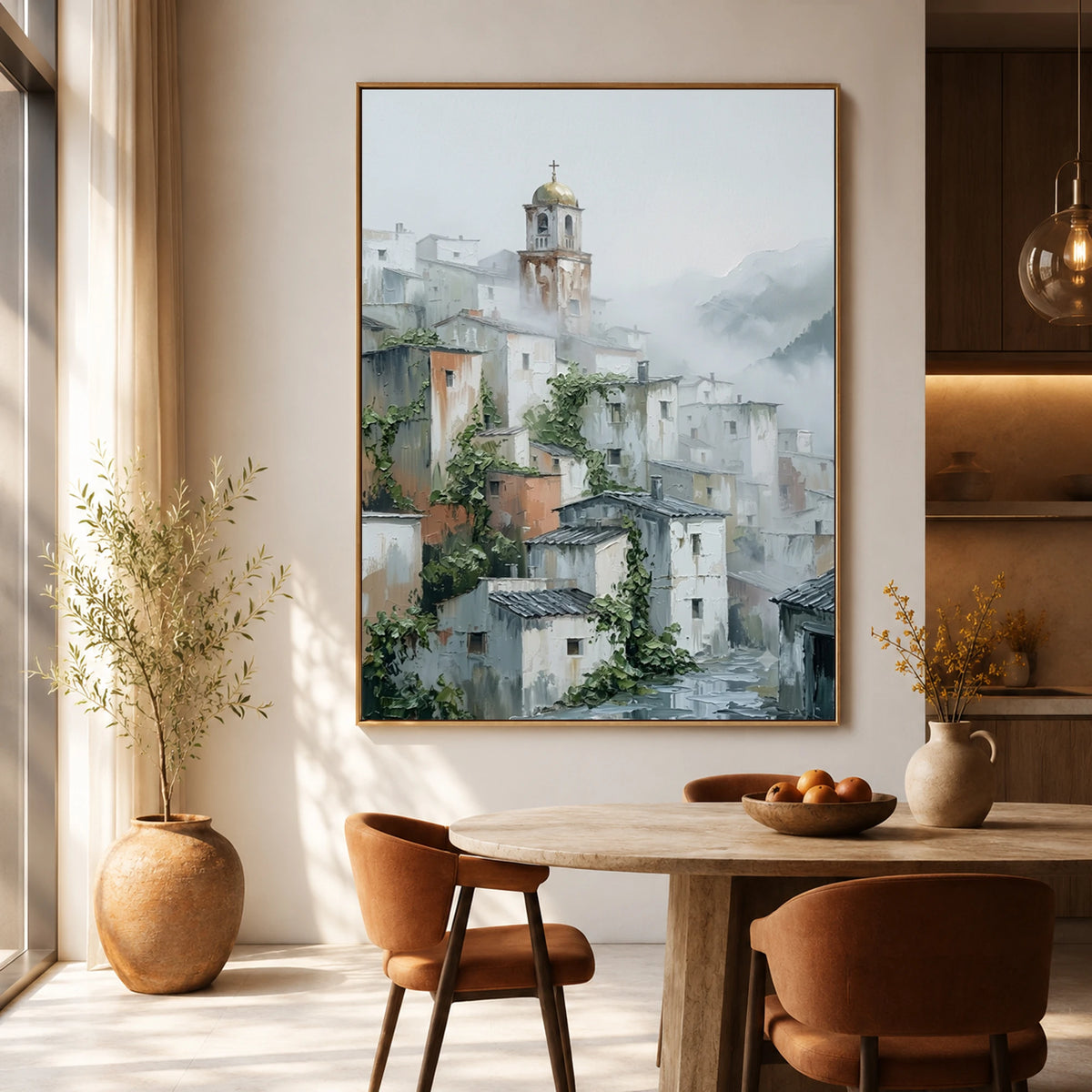Village Veiled in Mist - dining room - textured impasto artwork