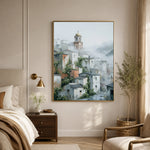 Village Veiled in Mist - bedroom - textured impasto artwork