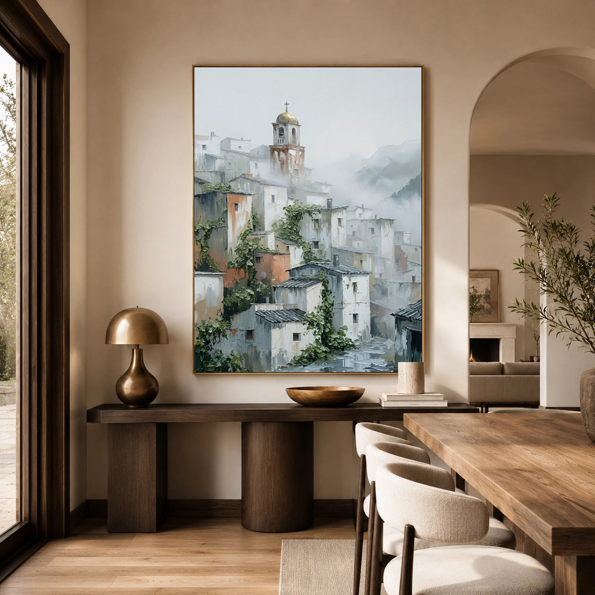Village Veiled in Mist - home office - textured impasto artwork