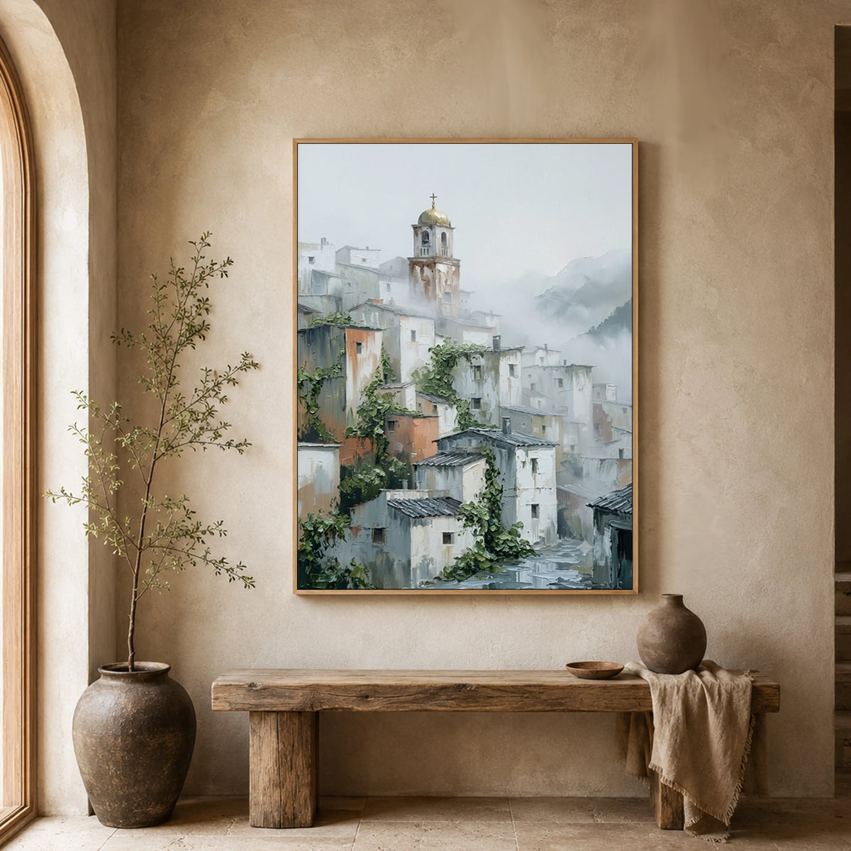 Village Veiled in Mist - entryway - textured impasto artwork