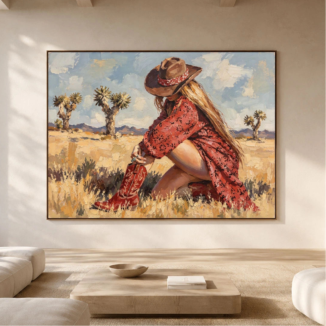 Desert Bloom Cowgirl - front view hero - vintage americana art painting
