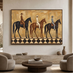 Three Riders at Dusk - interior setting 07 - vintage americana art painting