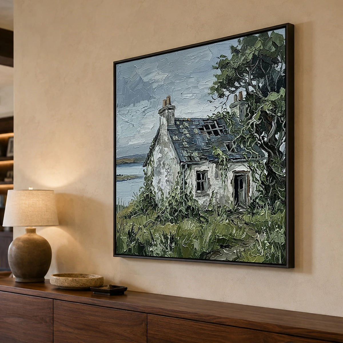 Weathered Coastal Haven - oblique side view - textured impasto artwork