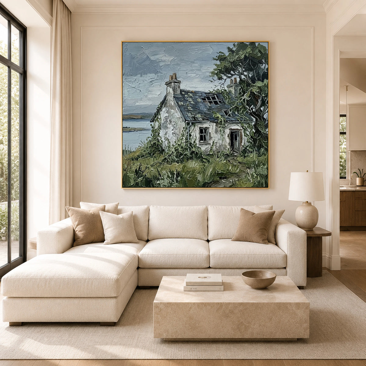 Weathered Coastal Haven - sunlit living room - textured impasto artwork