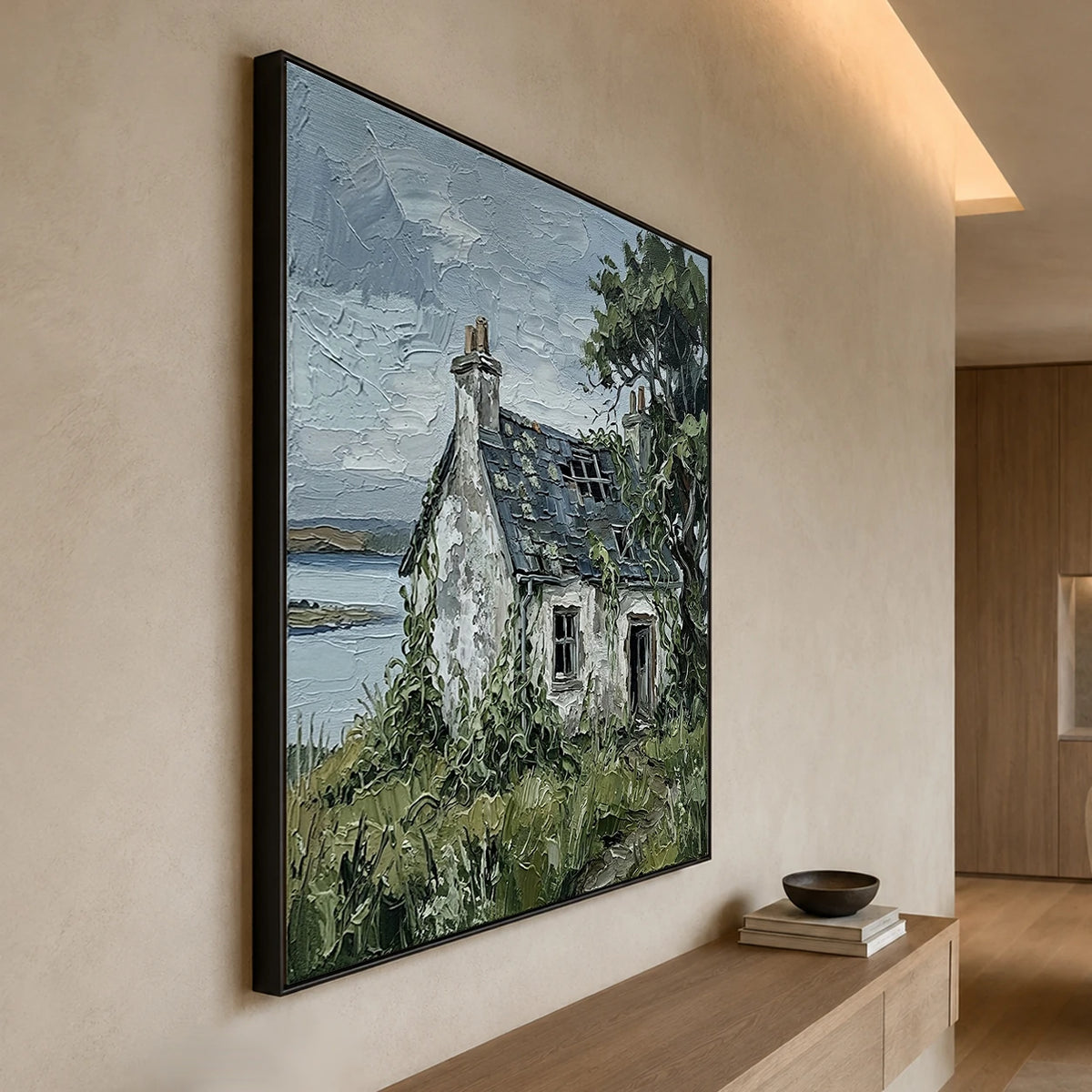 Weathered Coastal Haven - opposite side view - textured impasto artwork