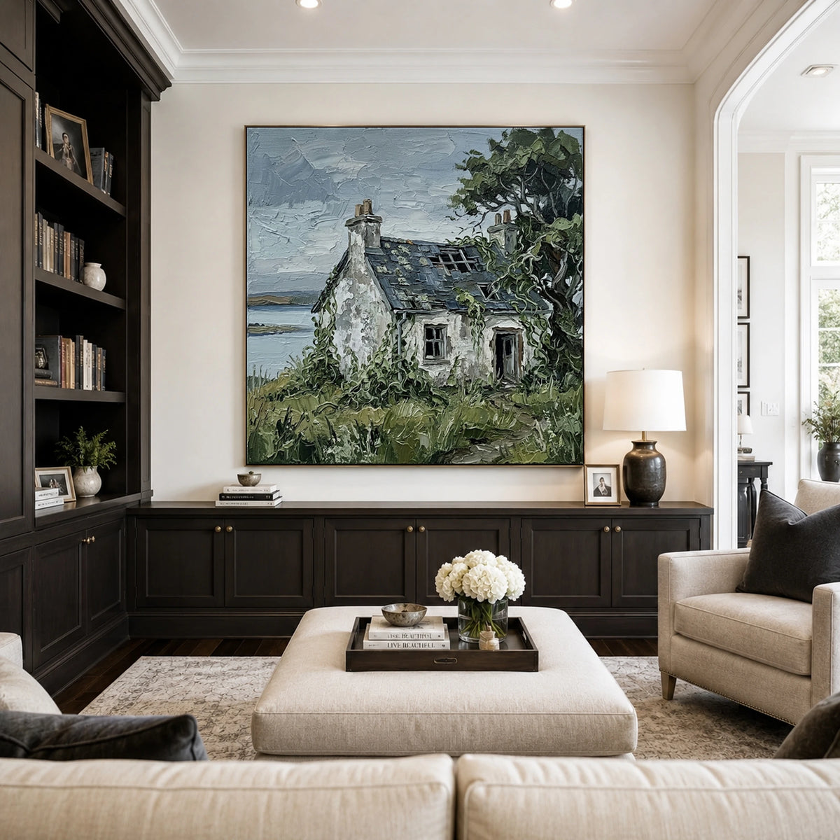 Weathered Coastal Haven - library lounge - textured impasto artwork