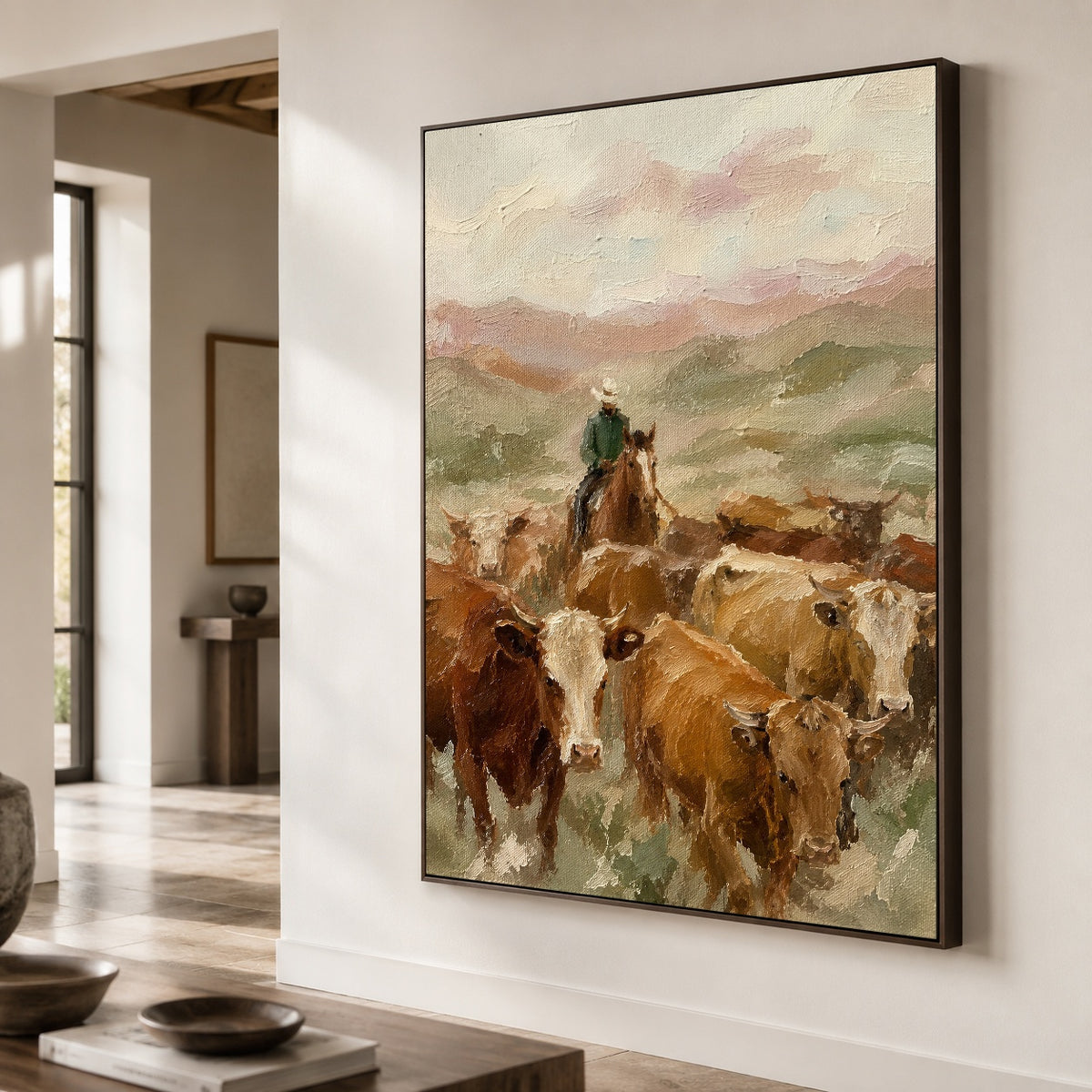 Homeward Through the Herd - oblique close view - western landscapes art painting