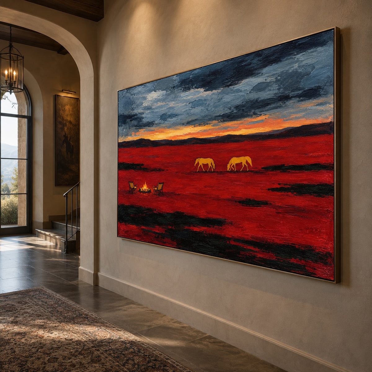 Angled close view of Prairie Embers showing the framed crimson prairie painting and expressive surface in an arched hallway