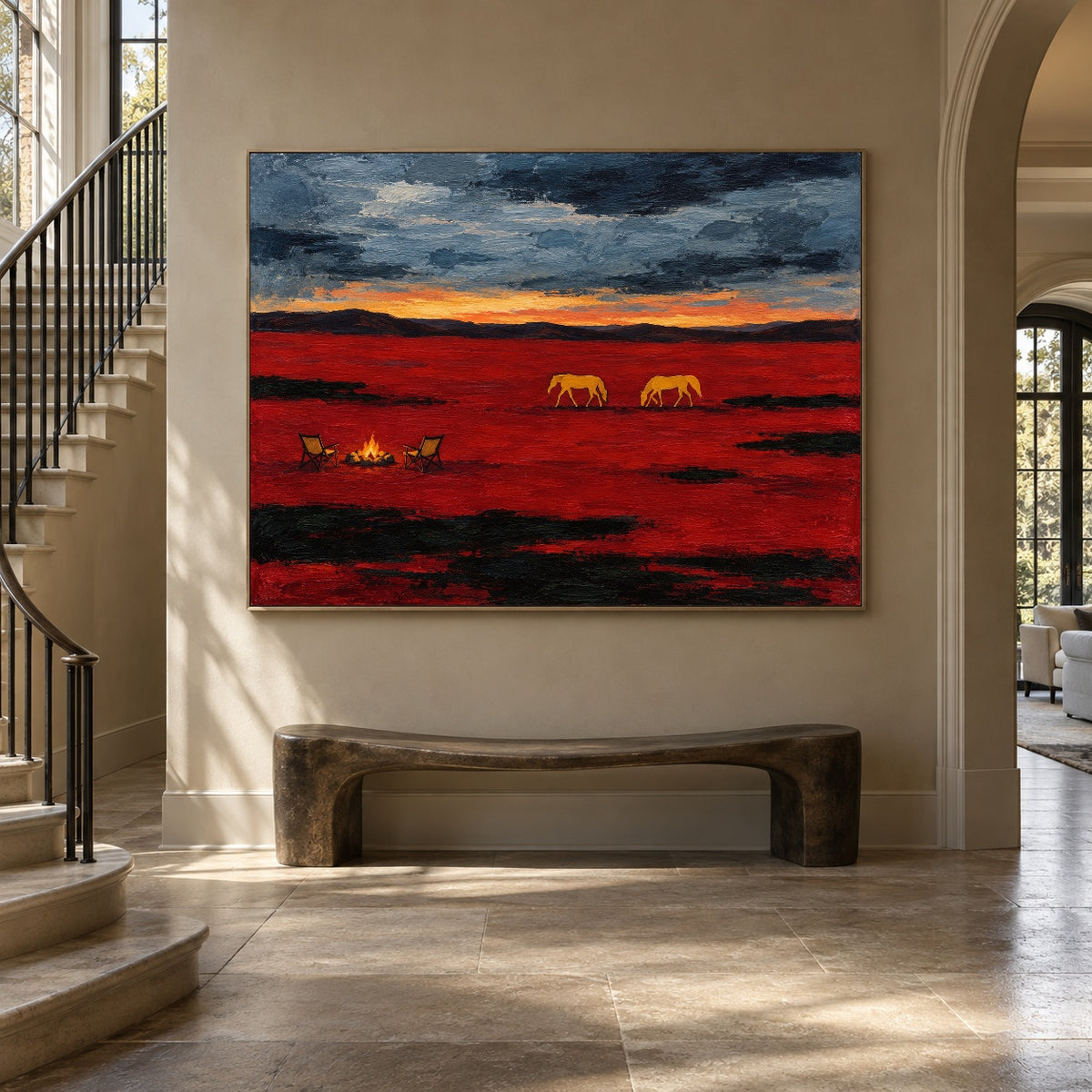 Prairie Embers horizontal western landscape painting above a bench beside an elegant staircase