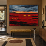 Prairie Embers red and blue prairie painting styled above a mustard bench in a modern entryway