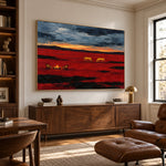 Prairie Embers western horse landscape above a walnut sideboard beside bookshelves and a leather reading chair