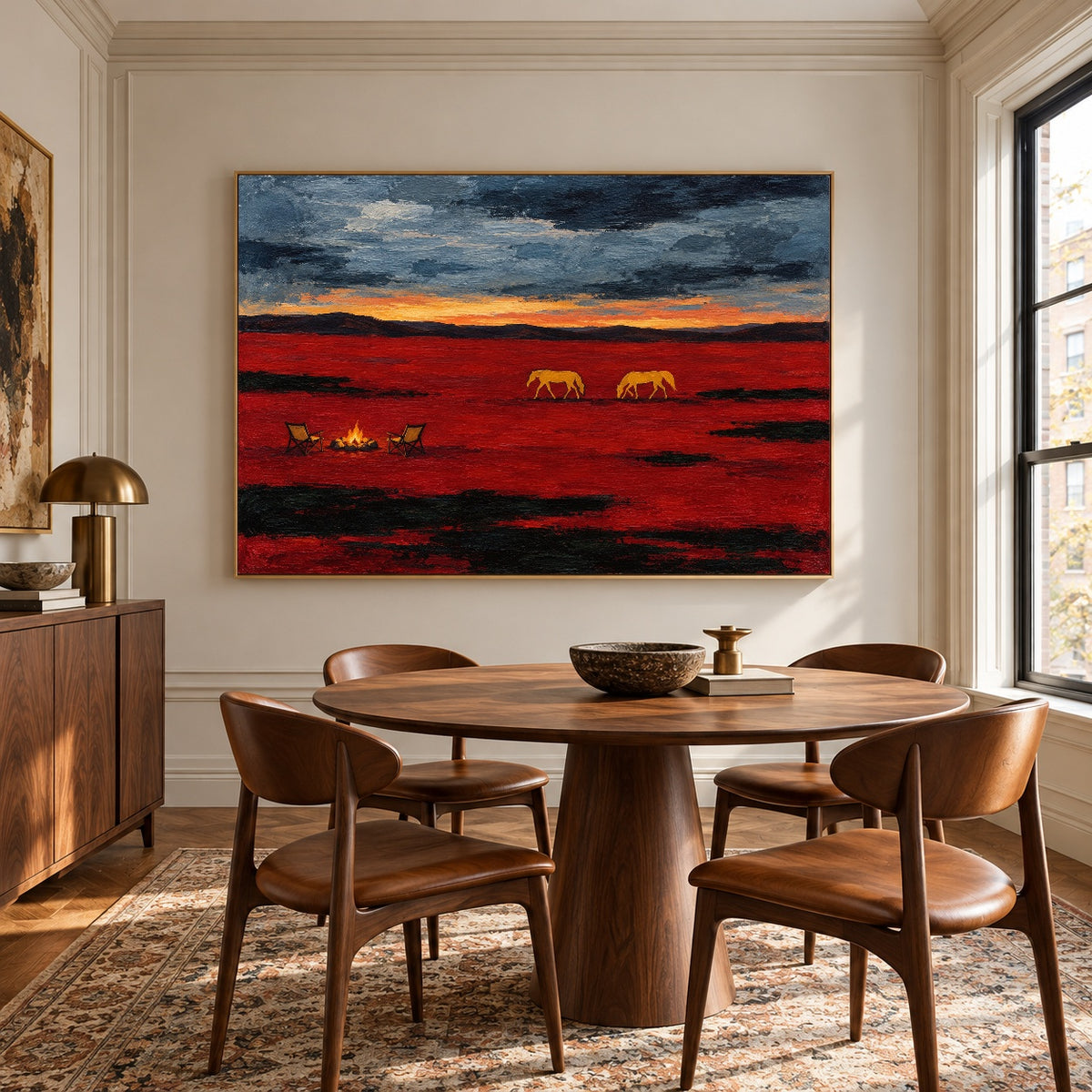 Prairie Embers dramatic prairie painting displayed over a round wood dining table in a bright dining room