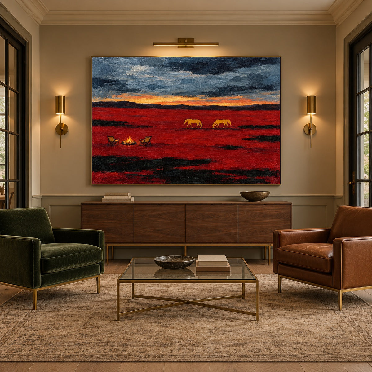 Prairie Embers framed prairie painting above a walnut console between green and cognac lounge chairs
