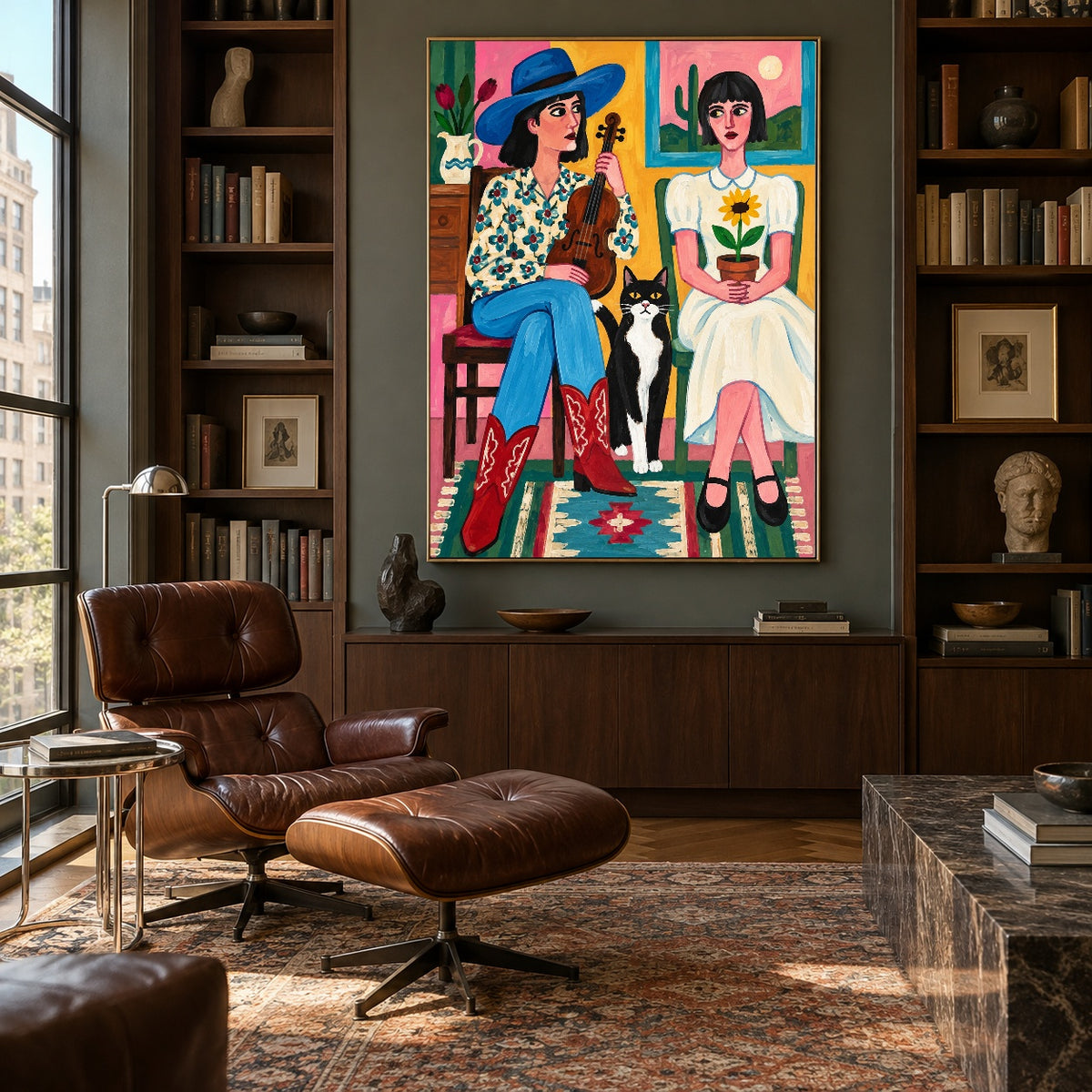 A Song Between Friends - library lounge - western pop art painting