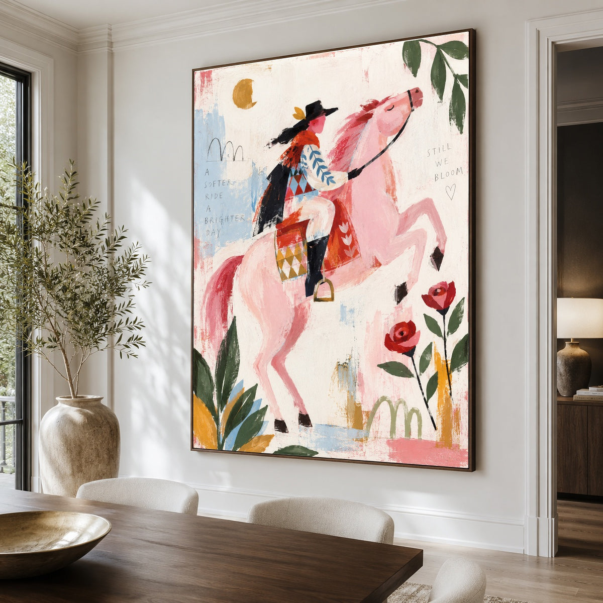 Blush Horizon Rider - dining room close - western pop art painting