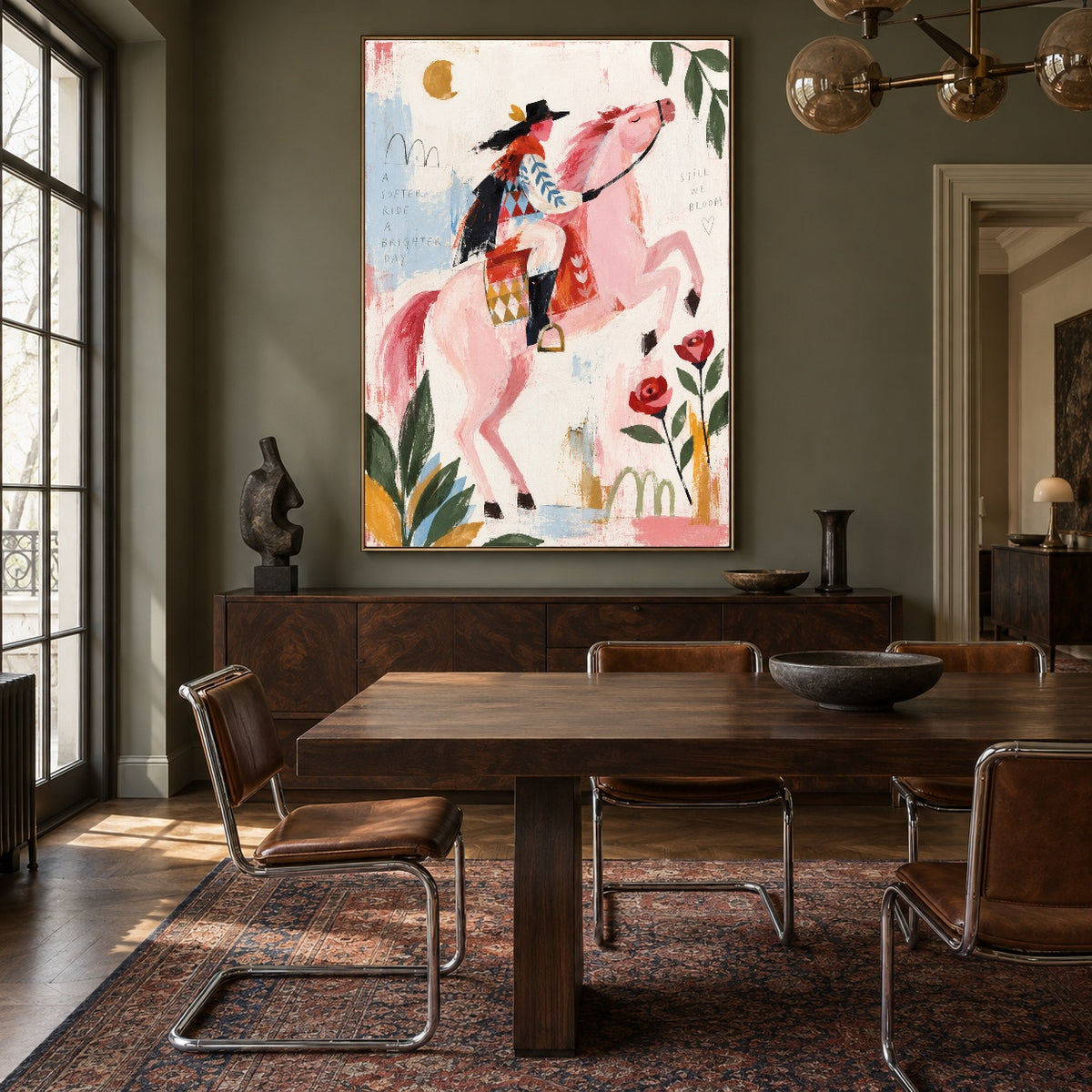 Blush Horizon Rider - wood dining room - western pop art painting