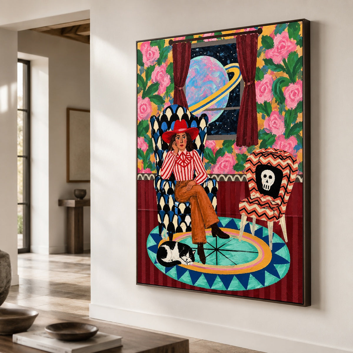 Cosmic Cowgirl Reverie - oblique close view - western pop art painting
