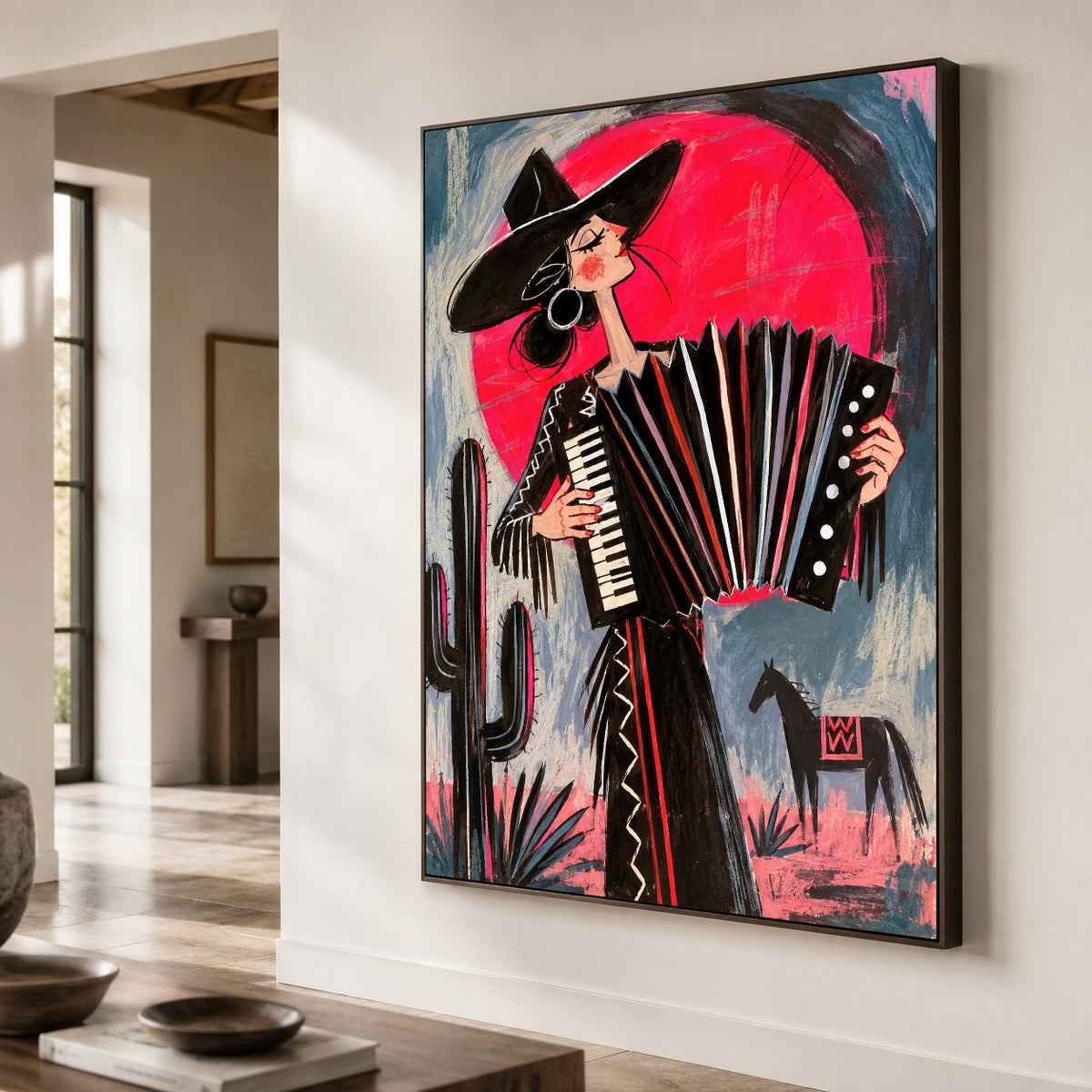 Crimson Accordion Waltz - oblique close view - western pop art painting