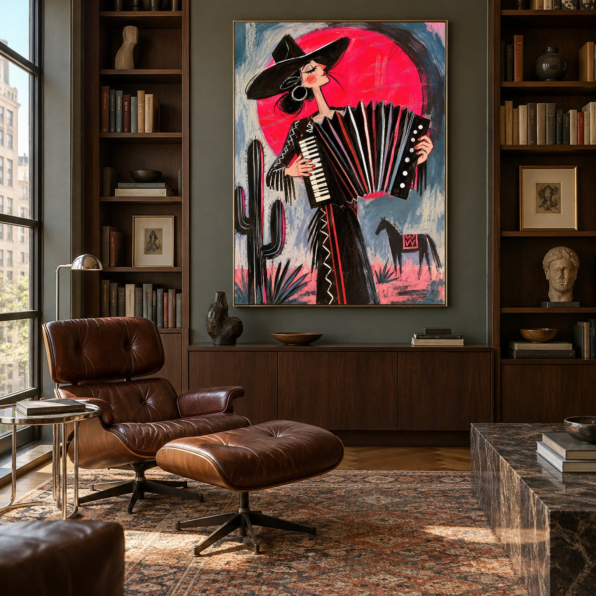 Crimson Accordion Waltz - library lounge - western pop art painting