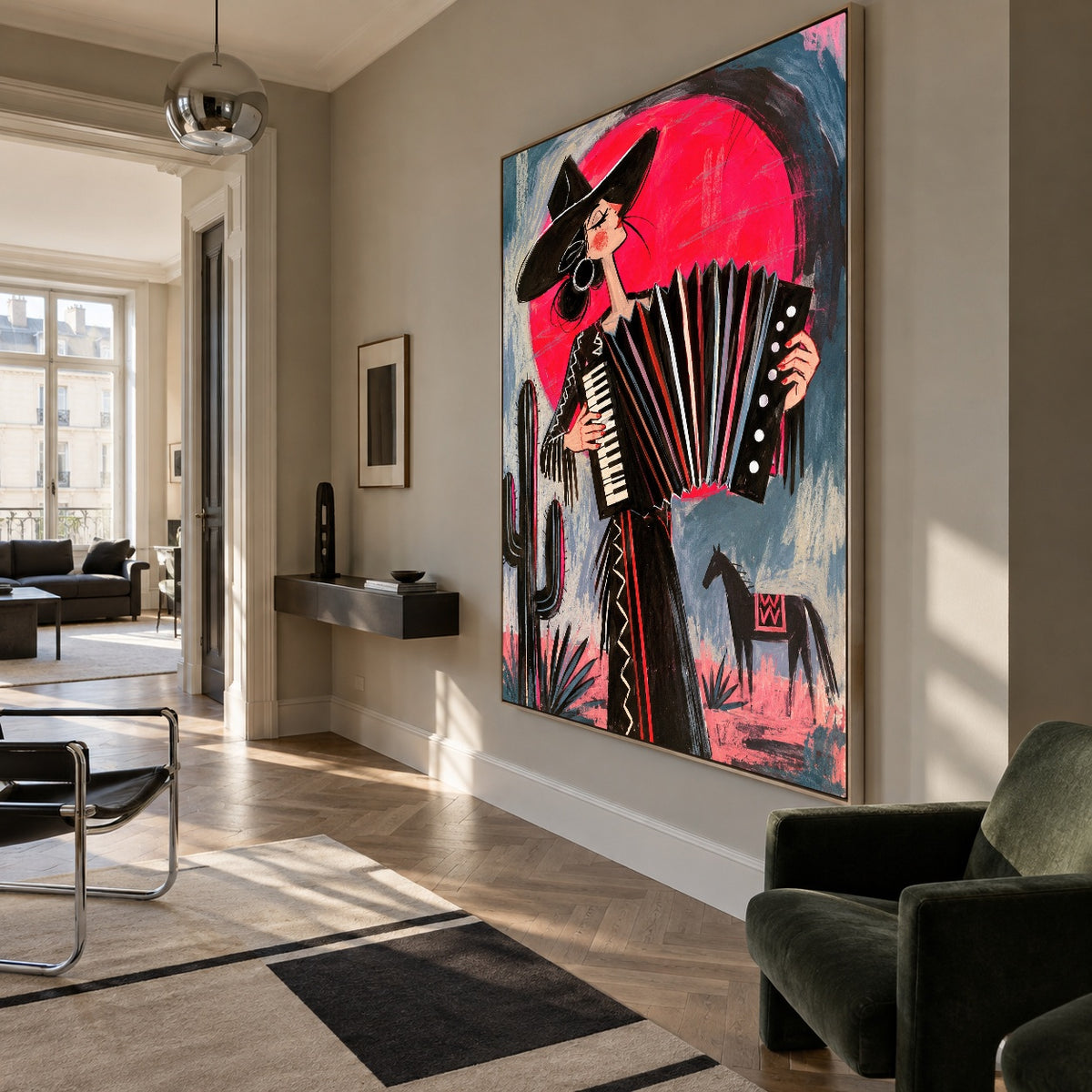 Crimson Accordion Waltz - modern living room - western pop art painting