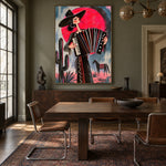 Crimson Accordion Waltz - wood dining room - western pop art painting