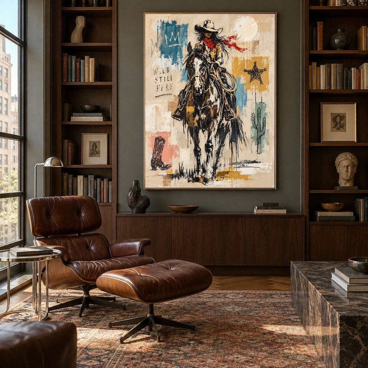 Dustborn Resolve - library lounge - western pop art painting