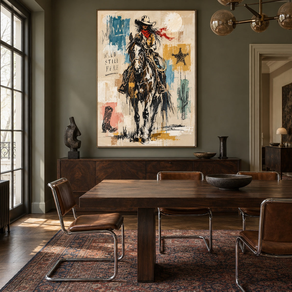 Dustborn Resolve - wood dining room - western pop art painting