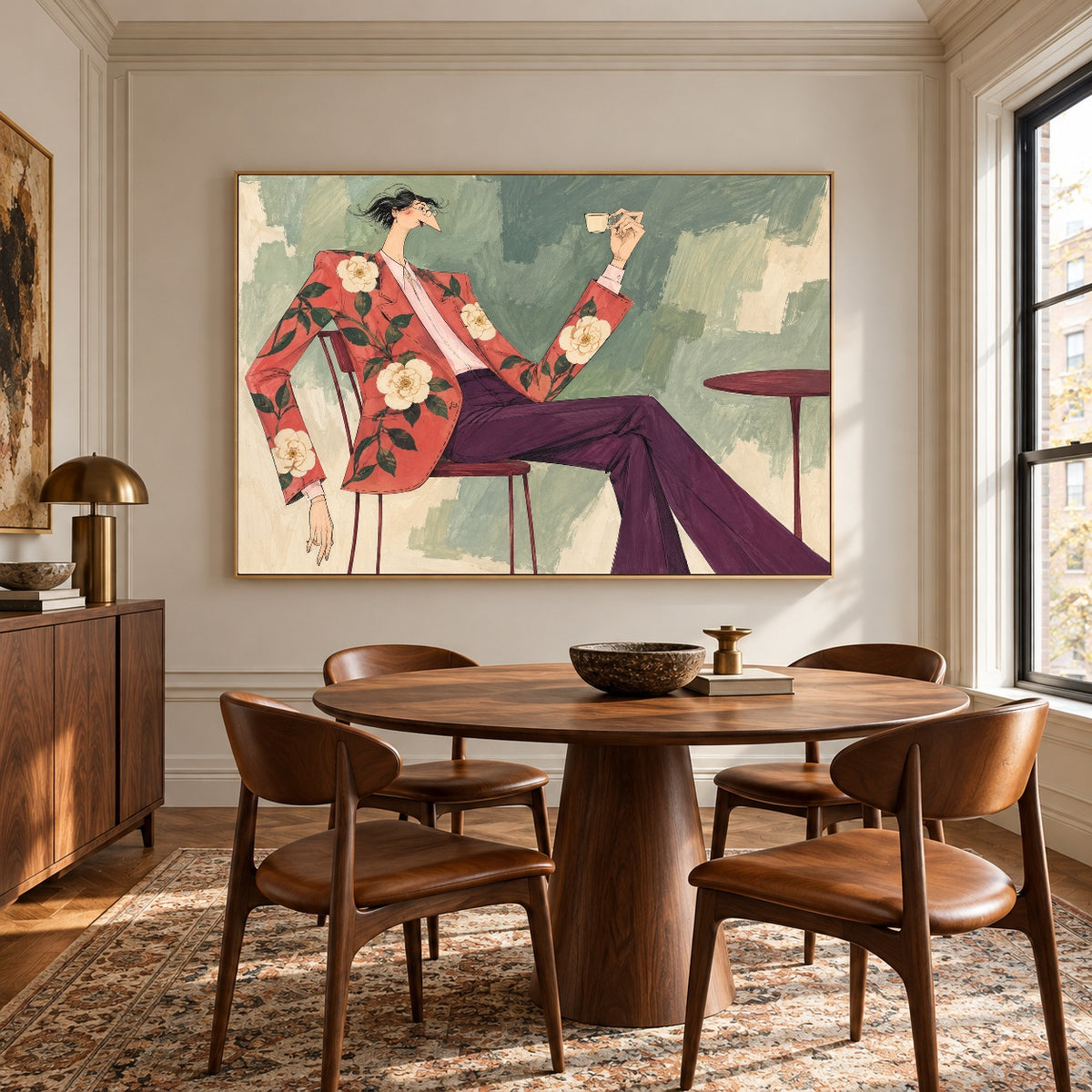 Floral Jacket Pause - round table dining - western pop art painting