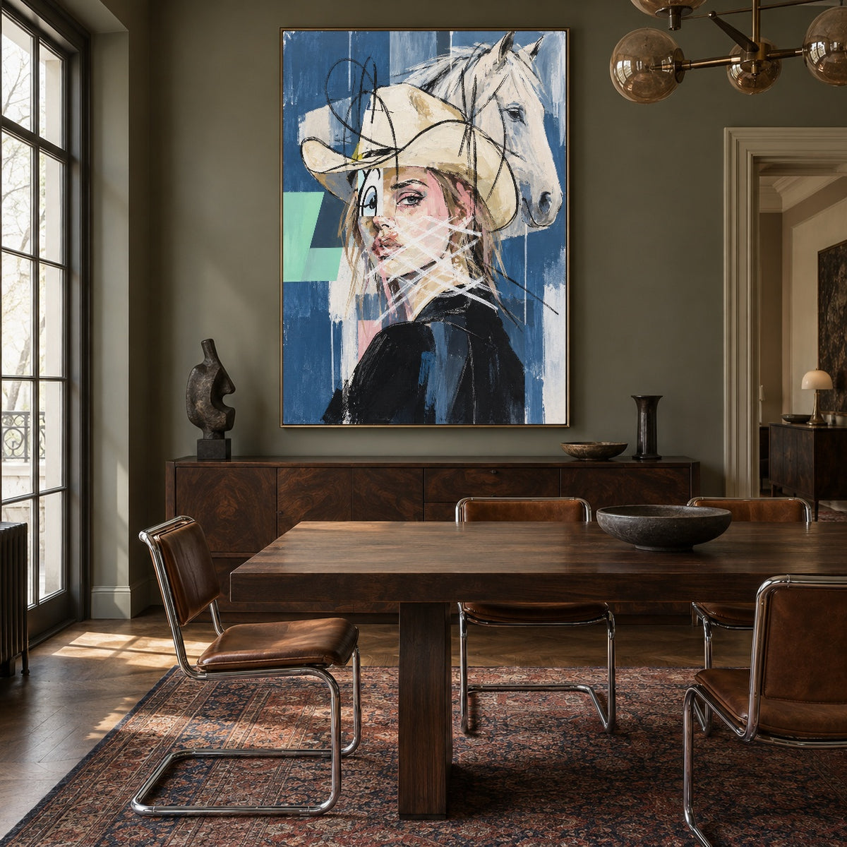 Ivory Veil Reverie - wood dining room - western pop art painting