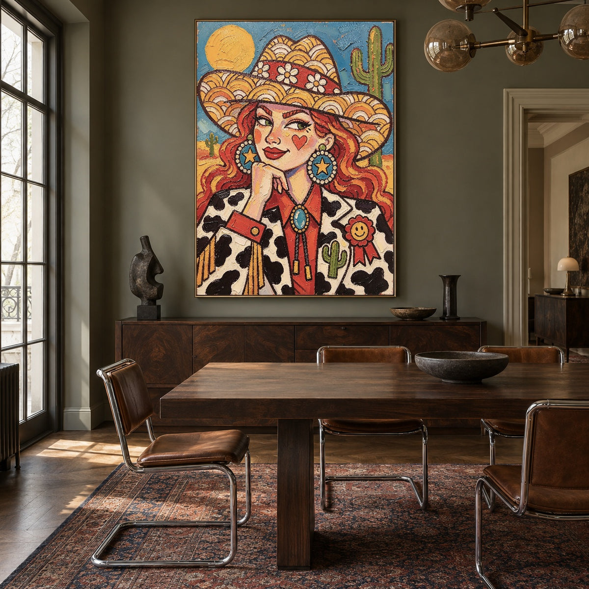 Marigold Muse - wood dining room - western pop art painting