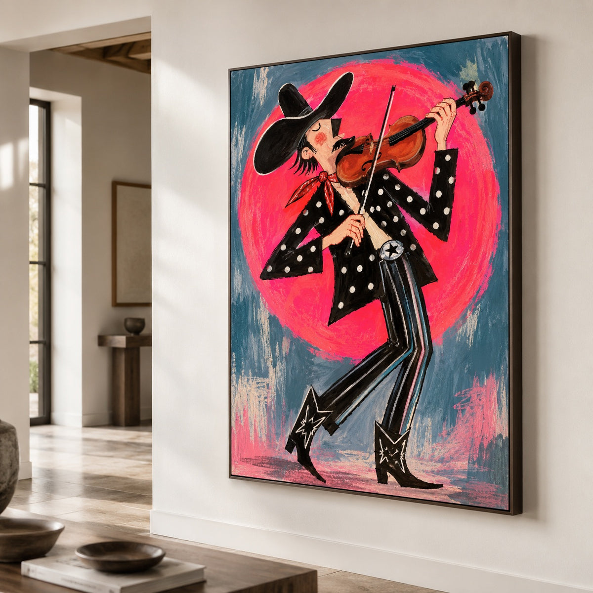 Neon Fiddle Fever - oblique close view - western pop art painting