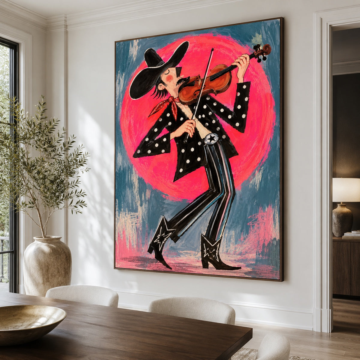 Neon Fiddle Fever - dining room close - western pop art painting