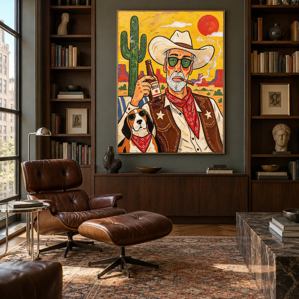 Partners Off the Clock - library lounge - western pop art painting