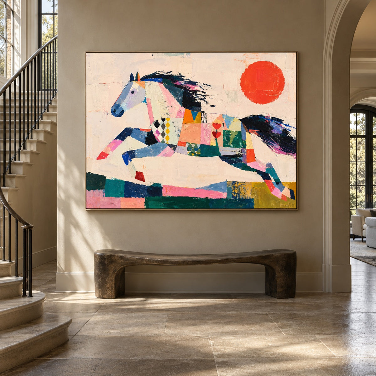 Prismatic Gallop - staircase entry - western pop art painting