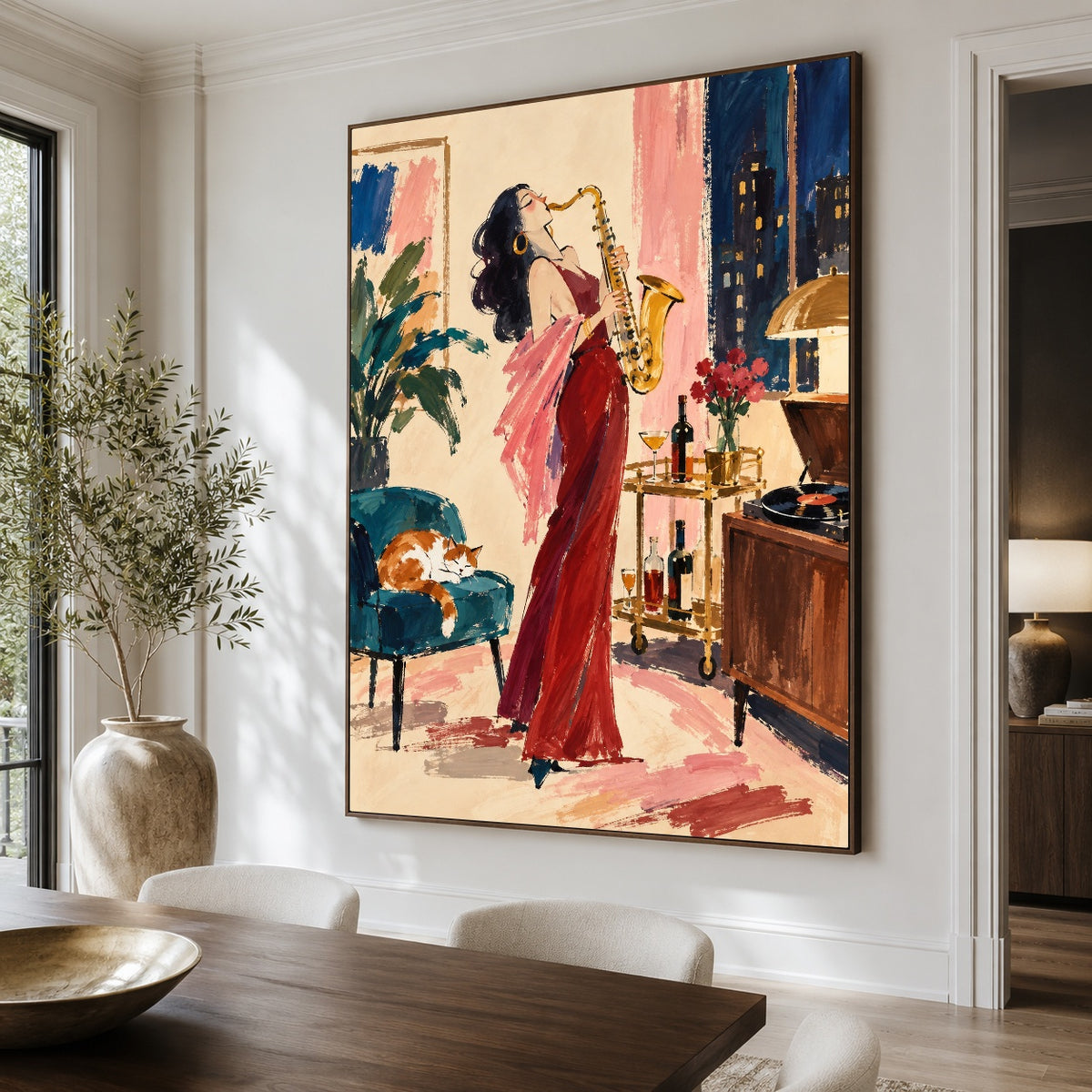Scarlet Saxophone - dining room close - western pop art painting
