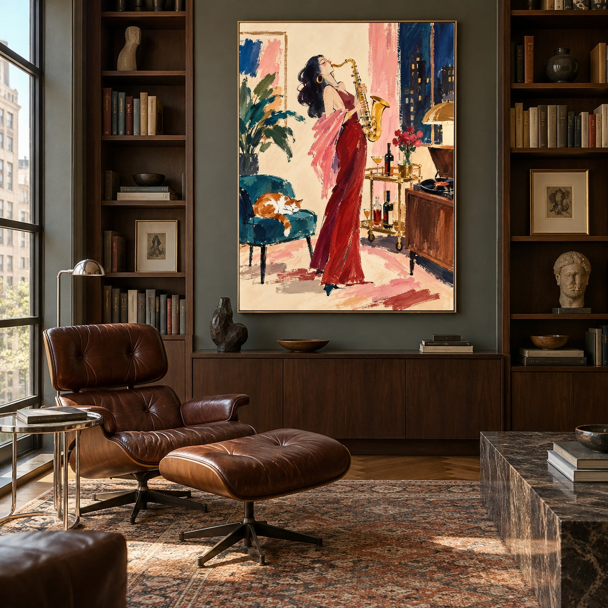 Scarlet Saxophone - library lounge - western pop art painting
