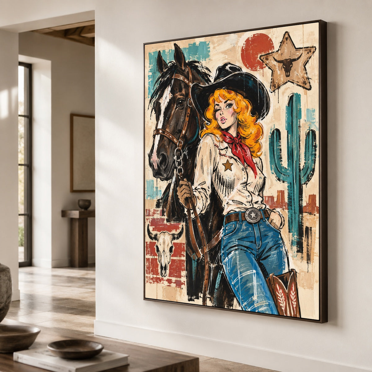 Starbound Cowgirl - oblique close view - western pop art painting