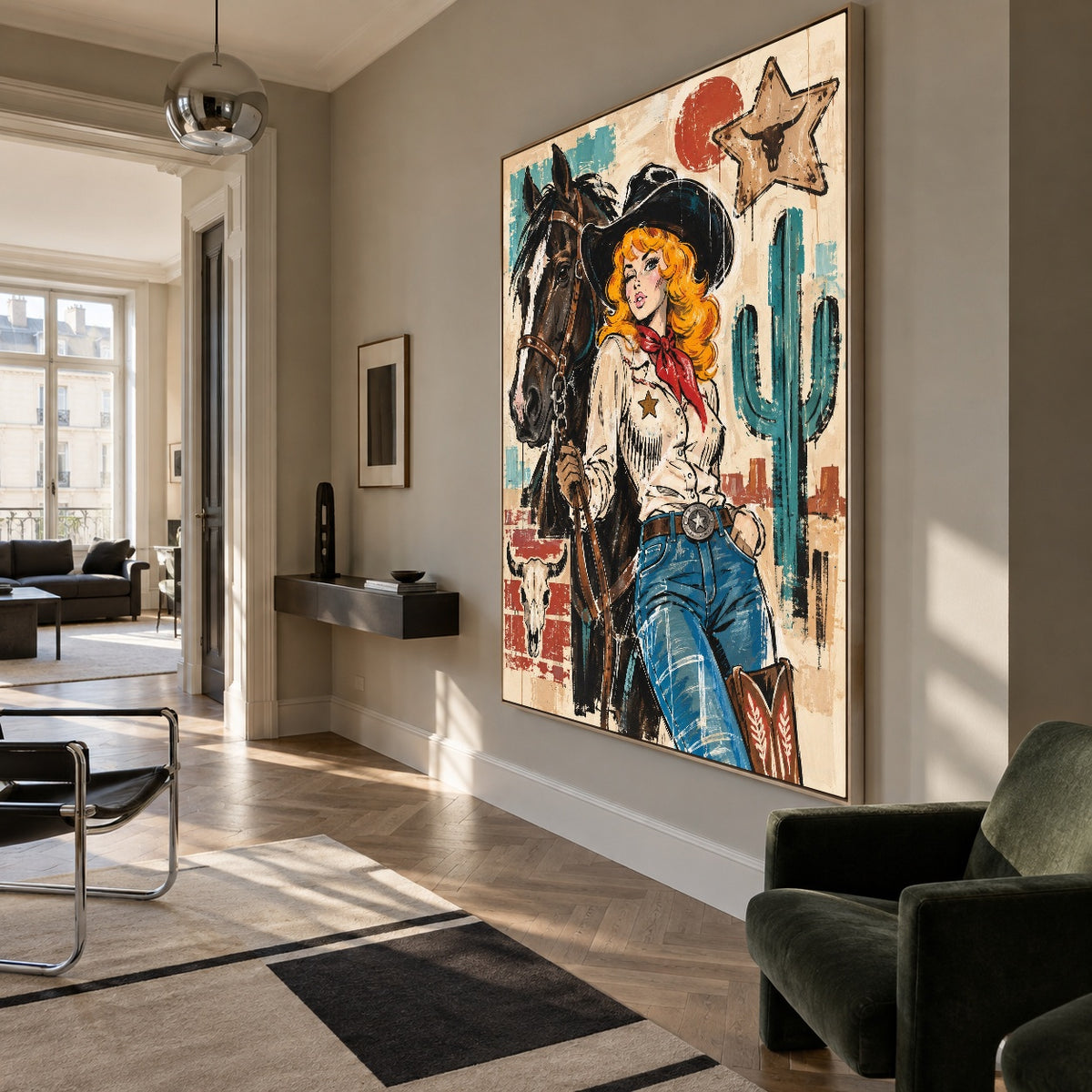 Starbound Cowgirl - modern living room - western pop art painting