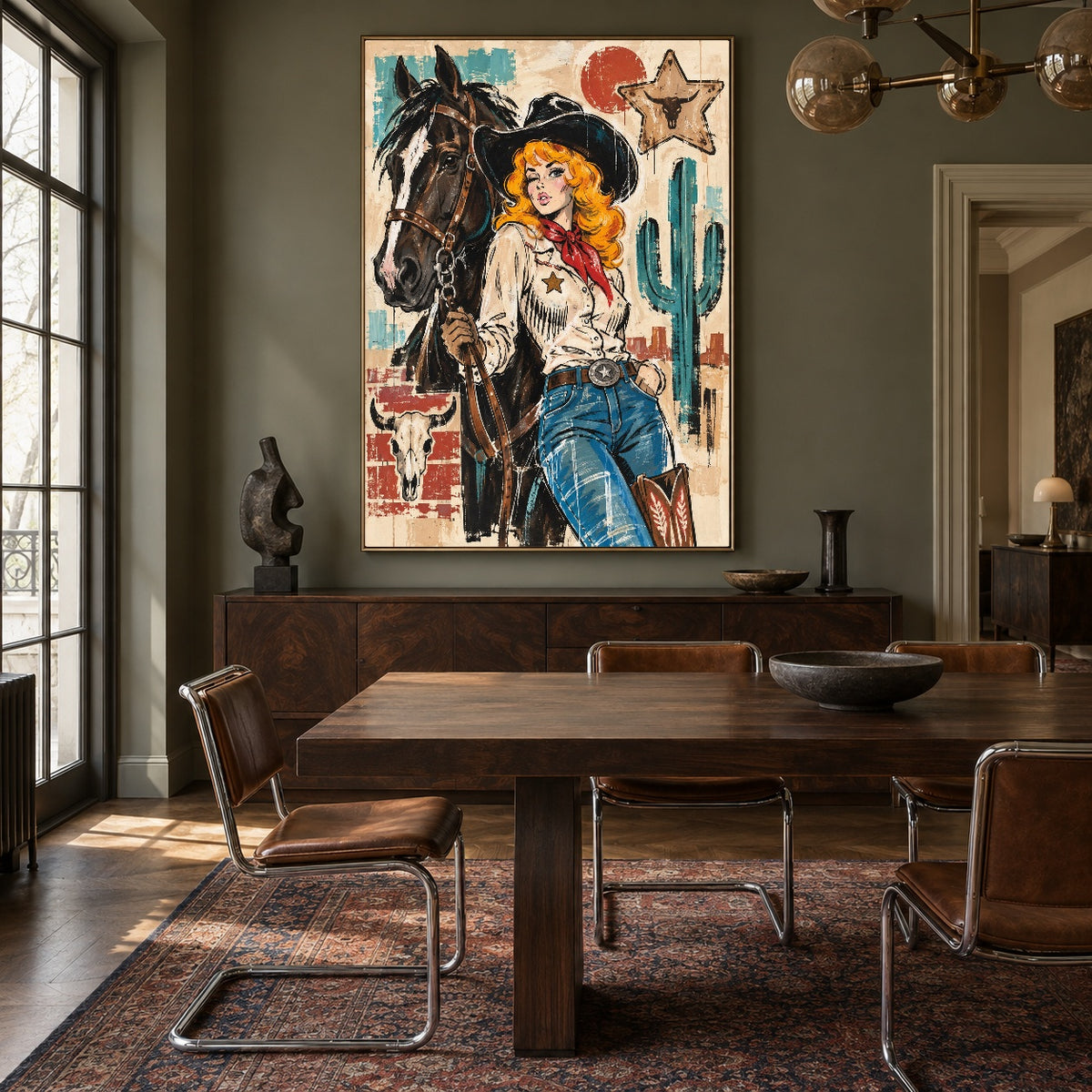 Starbound Cowgirl - wood dining room - western pop art painting