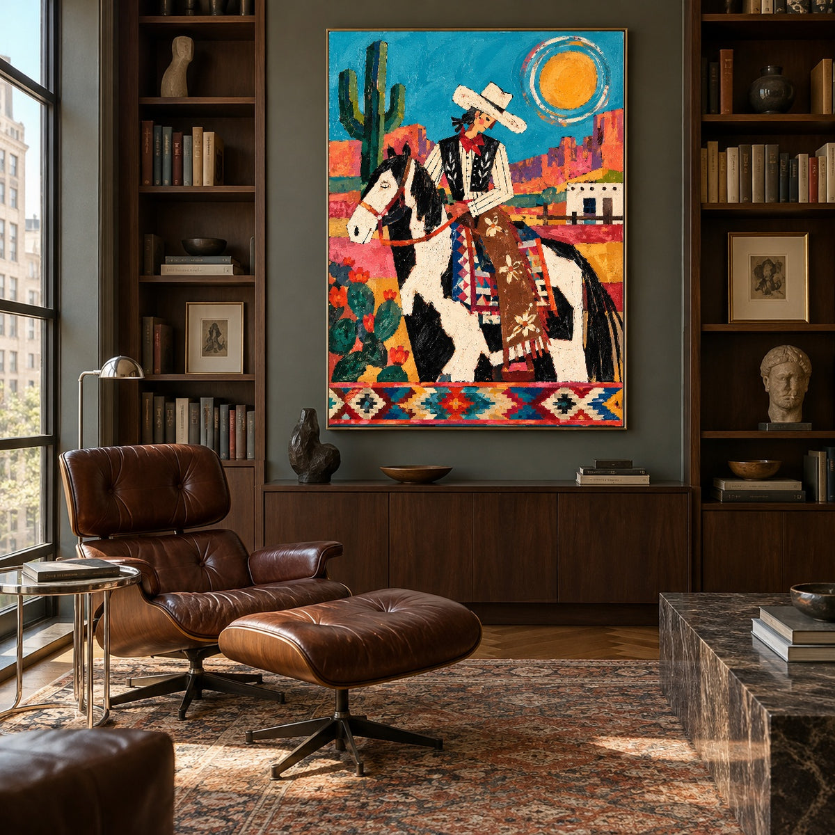 Sunlit Saddle Song - library lounge - western pop art painting