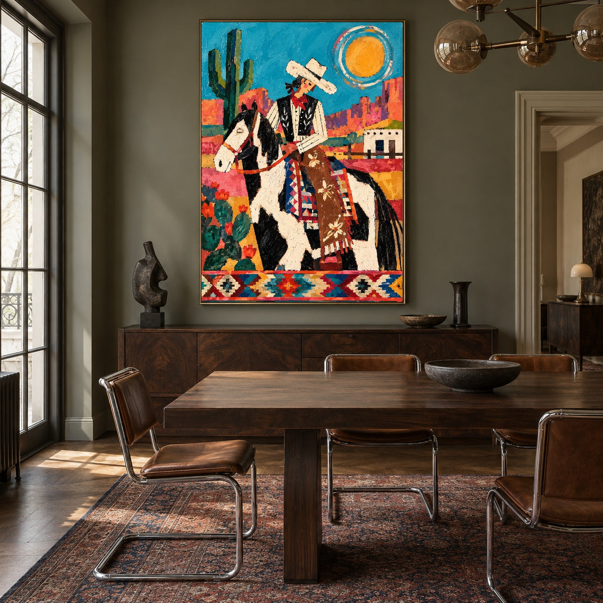 Sunlit Saddle Song - wood dining room - western pop art painting