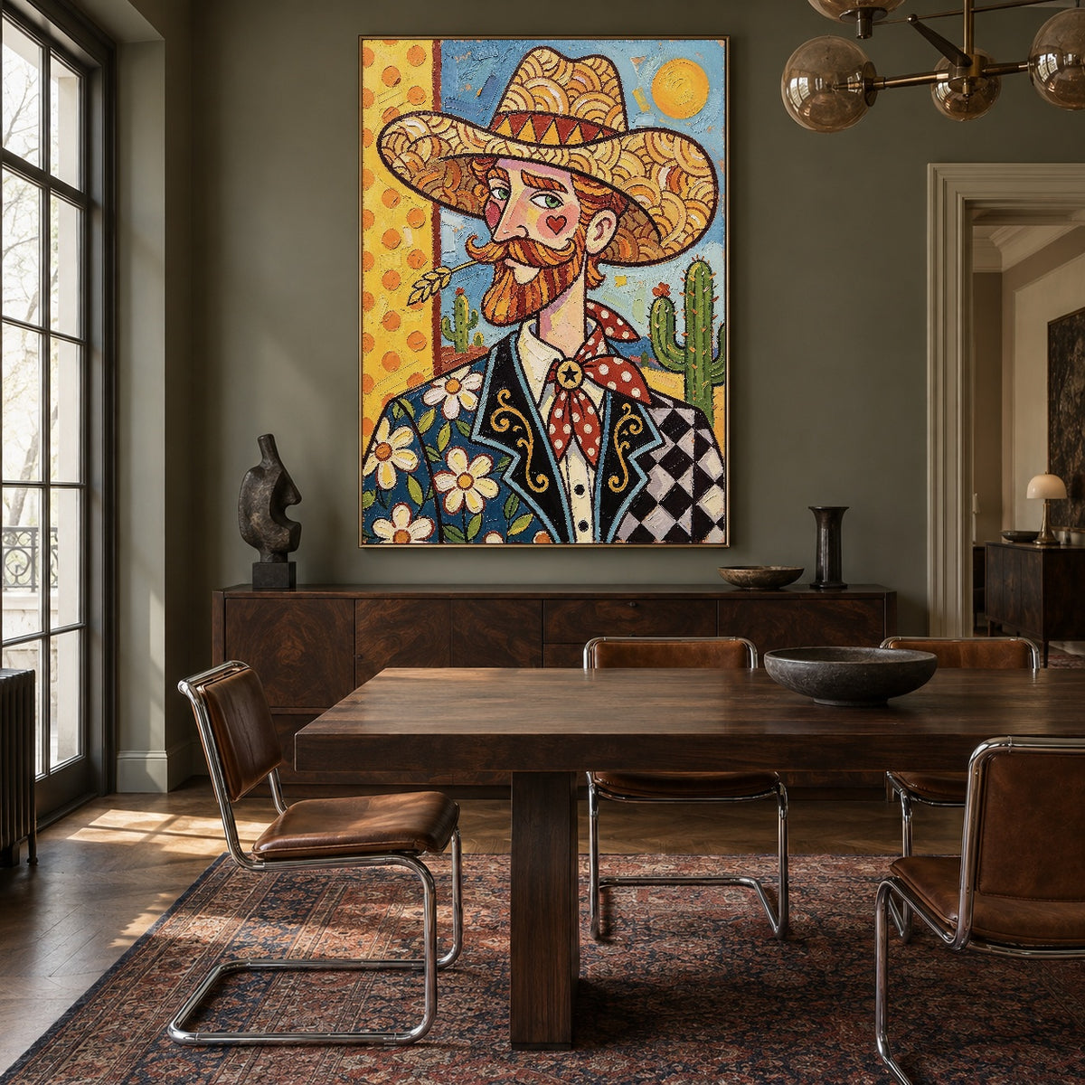 The Sunlit Gentleman - wood dining room - western pop art painting