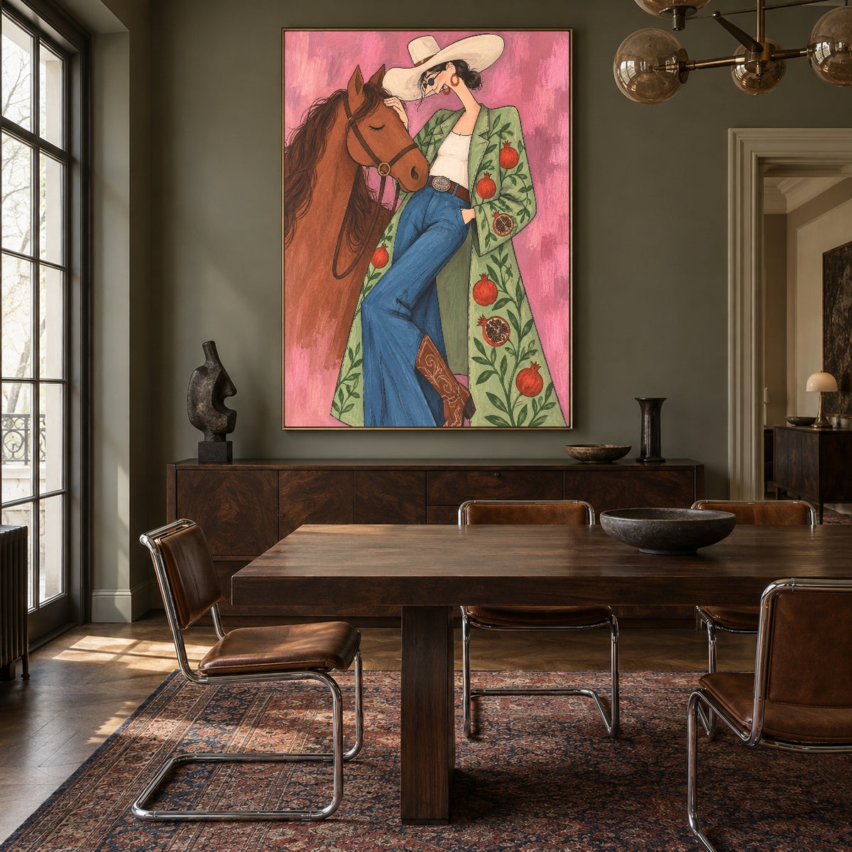 Wildflower Embrace - wood dining room - western pop art painting