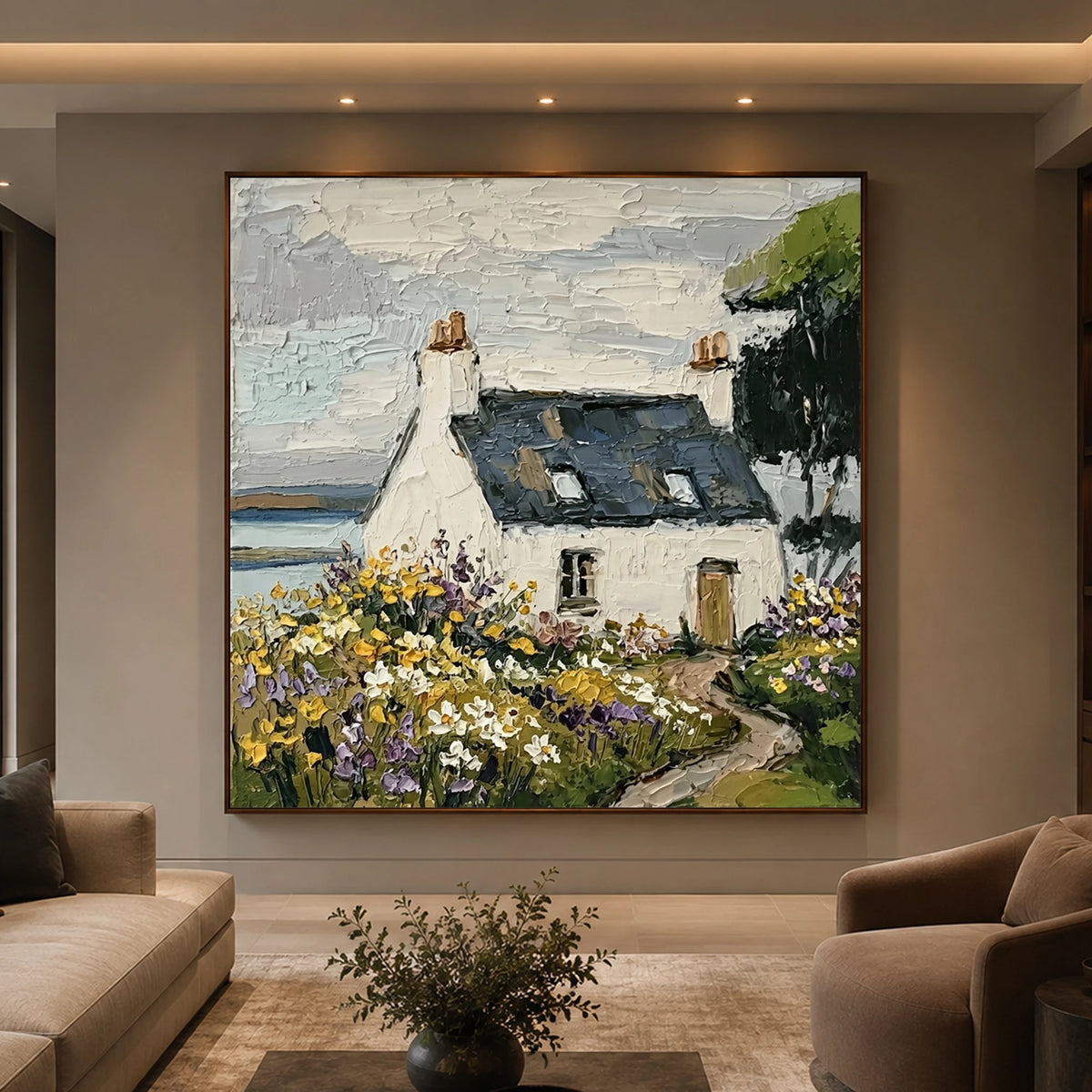 Wildflower Haven textured coastal cottage oil painting — warm lounge - closer front view