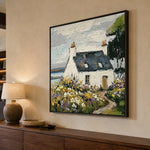 Wildflower Haven textured coastal cottage oil painting — sideboard - right angle