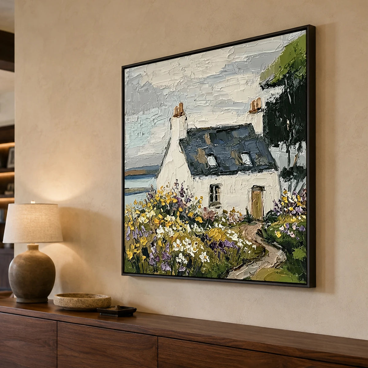 Wildflower Haven textured coastal cottage oil painting — sideboard - right angle