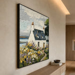 Wildflower Haven textured coastal cottage oil painting — frame depth - left angle