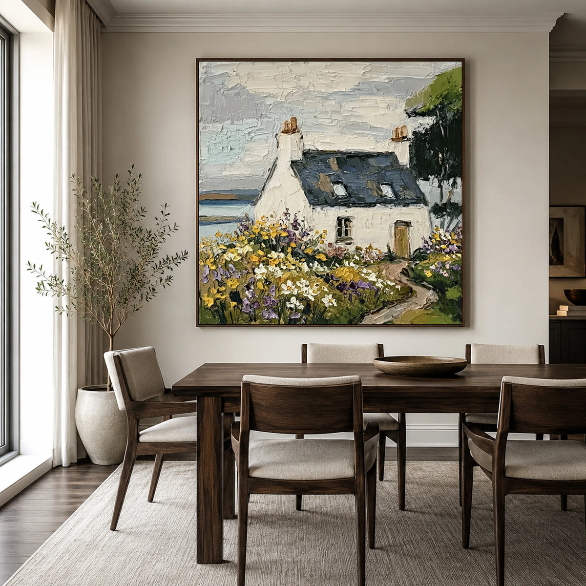 Wildflower Haven textured coastal cottage oil painting — dining room