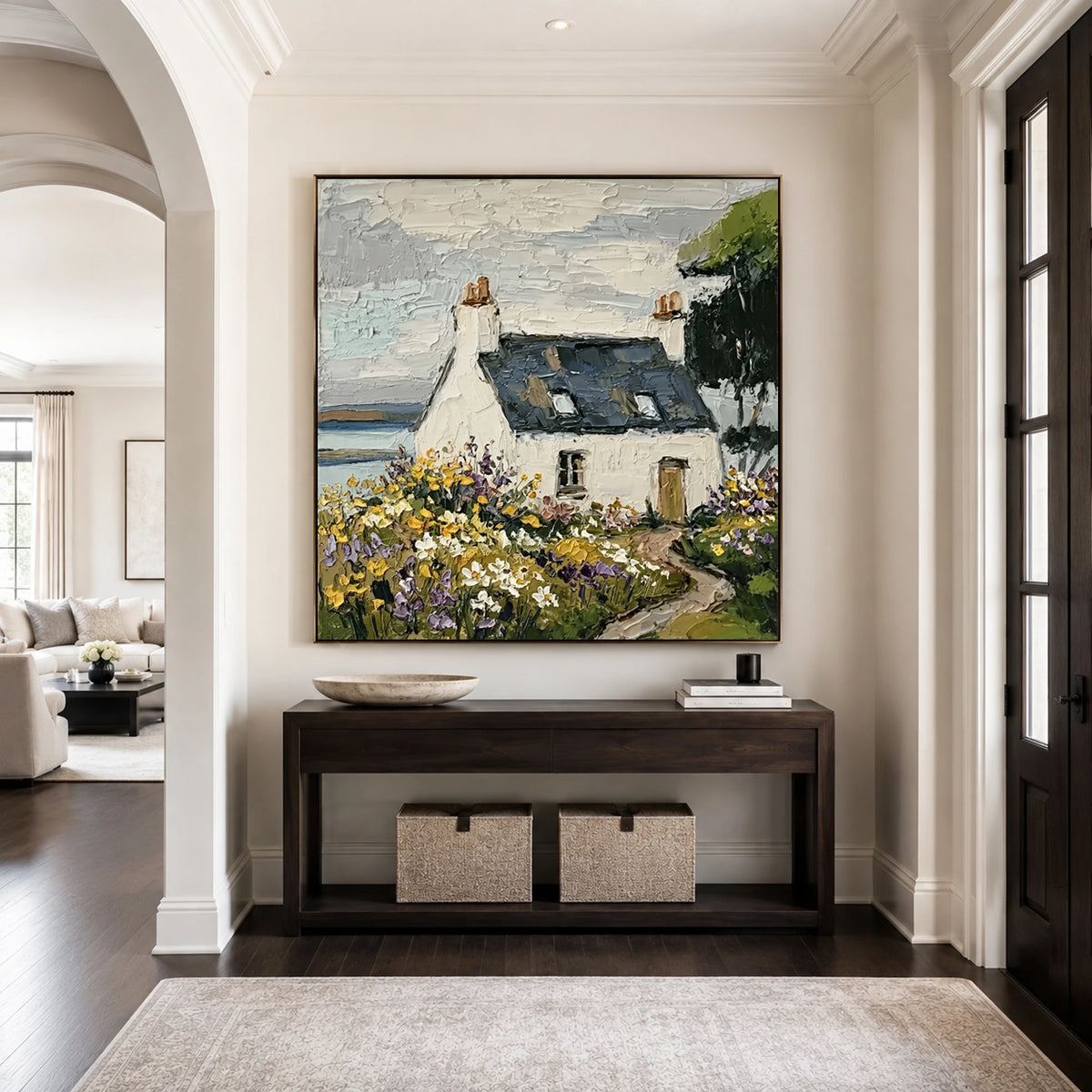 Wildflower Haven textured coastal cottage oil painting — entryway