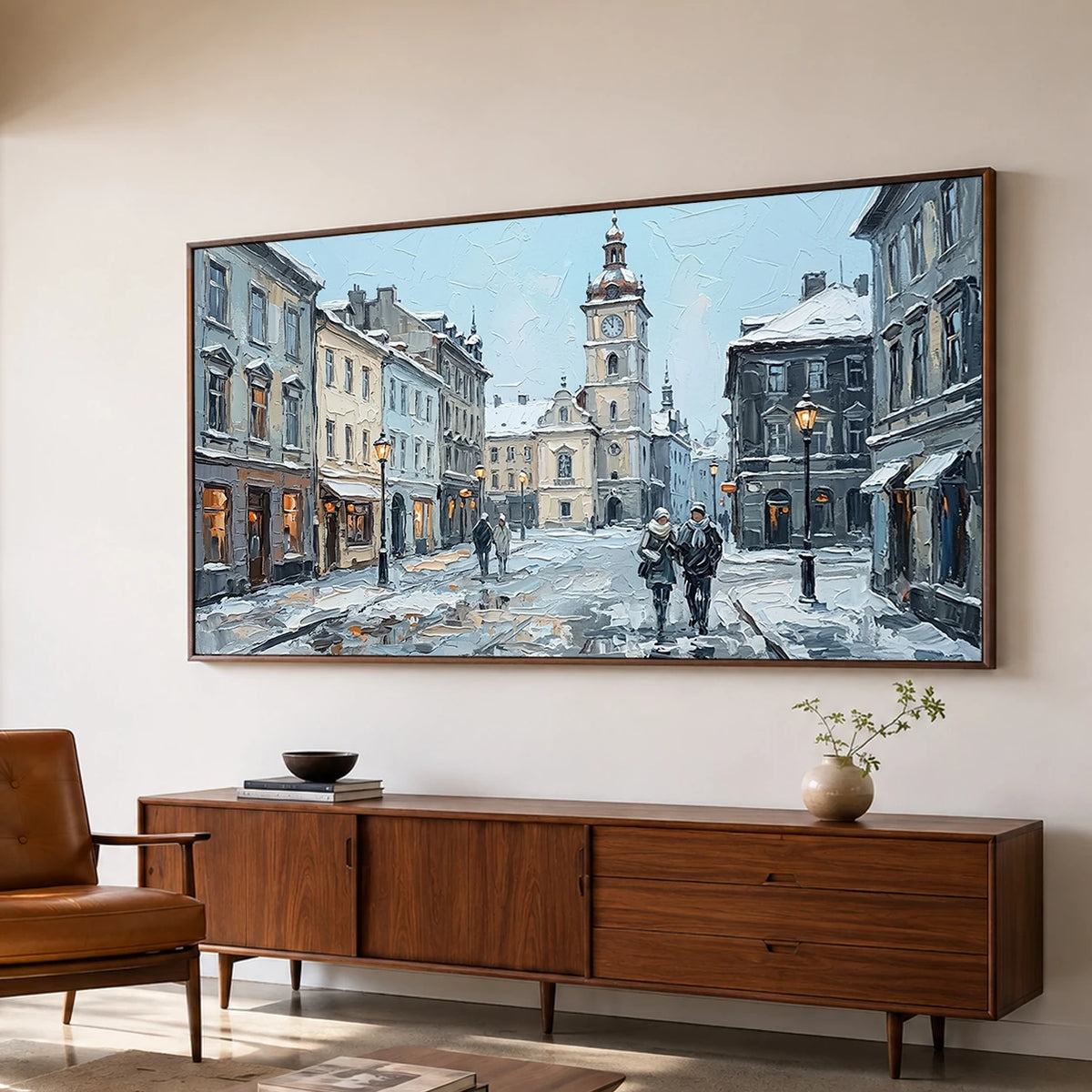 Winter Town Waltz - oblique side view - textured impasto artwork